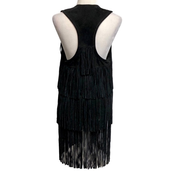 True Religion Black Leather Vest Mid Length Metal Bead Fringe Festival Boho - Picture 7 of 12